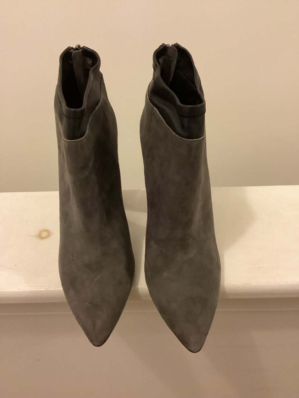 Saks Fifth Avenue Grey Suede Pointed Toe Ankle Booties with Patent Block Heel